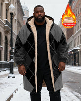 Big & Tall Men's Classic Black Diamond Plaid Printed Velvet Thickened Long Hooded Coat